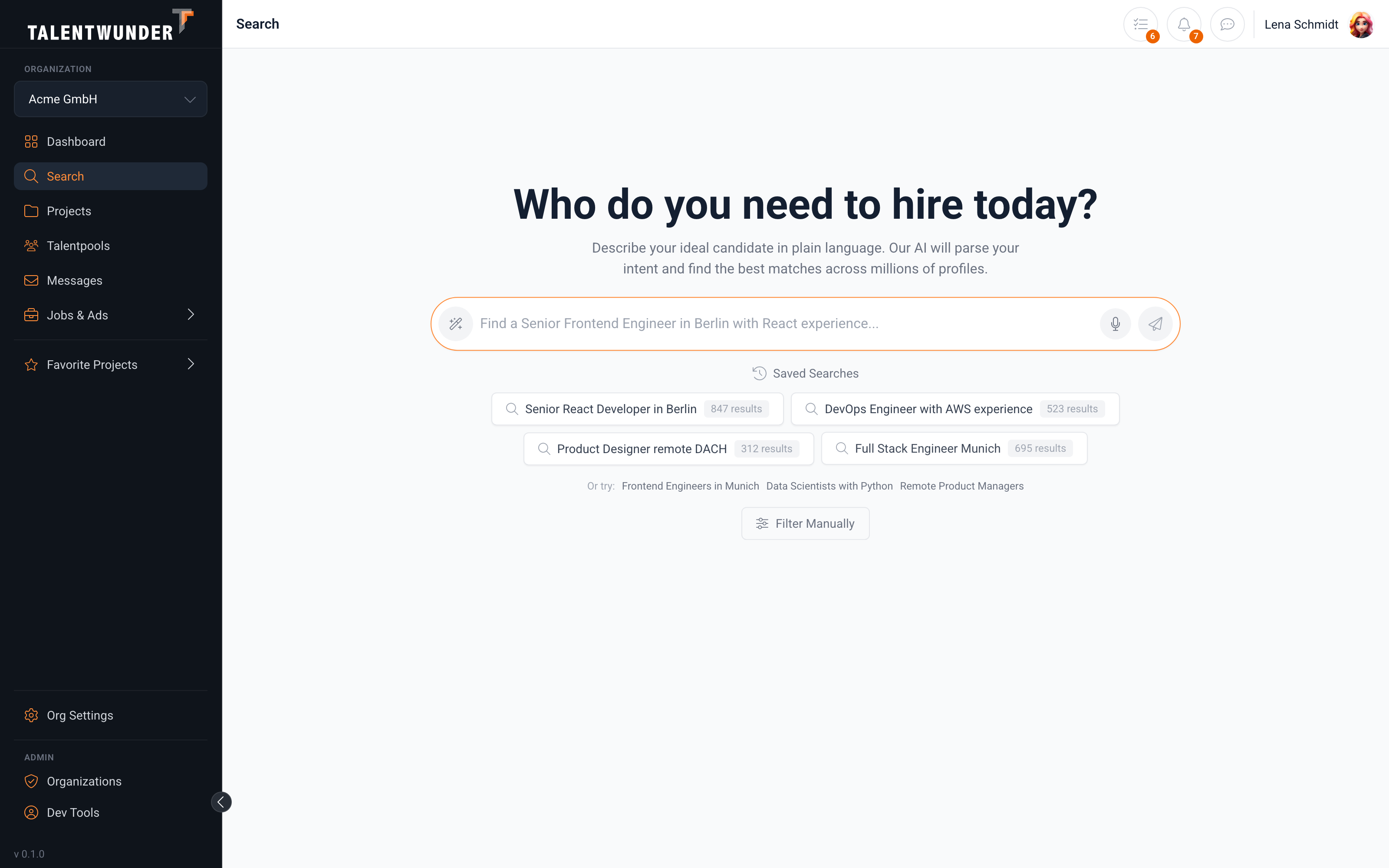 Talentwunder AI search, empty state with the prompt 'Who do you need to hire today?'.
