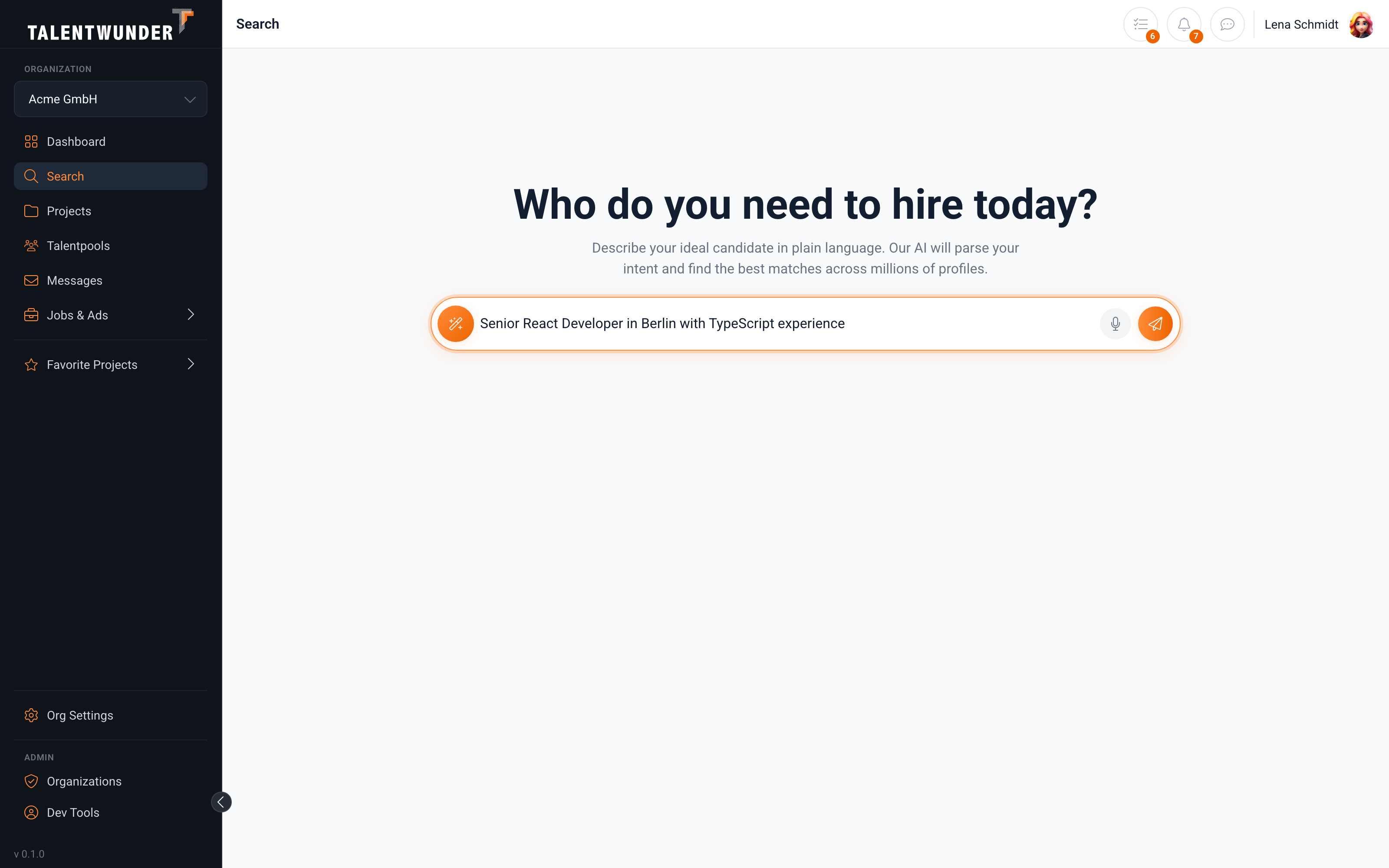 Talentwunder AI search with the typed query in the focused input, before the AI finishes parsing.