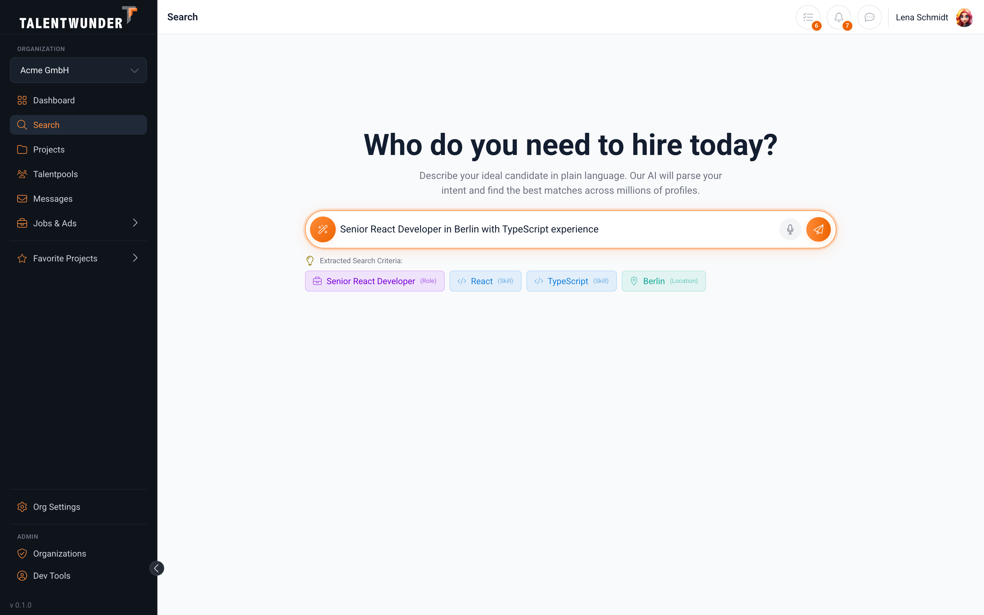 Talentwunder AI search after parsing: the typed query in the input plus the extracted-criteria chips the app renders directly below.