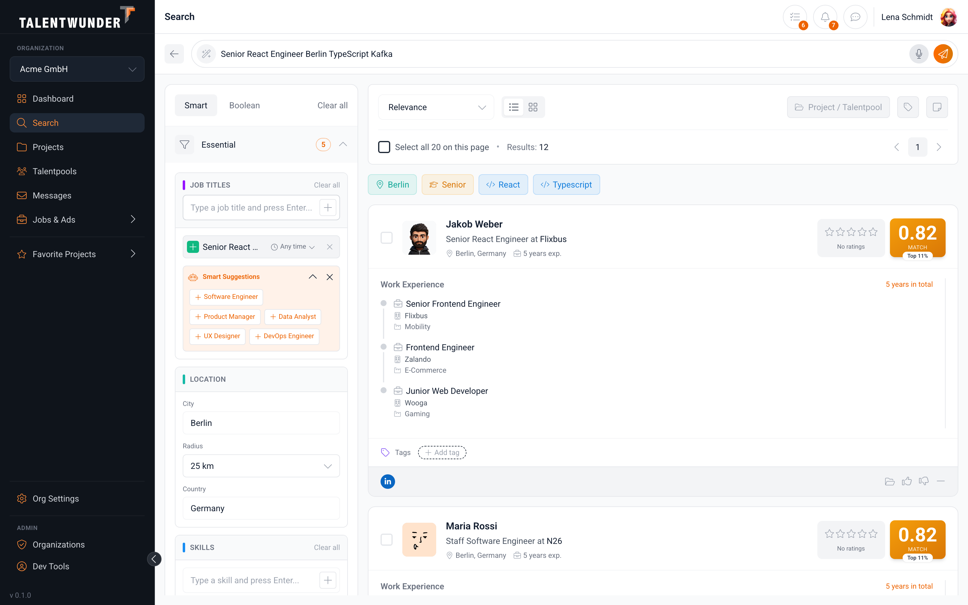 Search results page with the Essential filter accordion expanded: Job Titles, Location, and Skill controls populated from the parsed query.