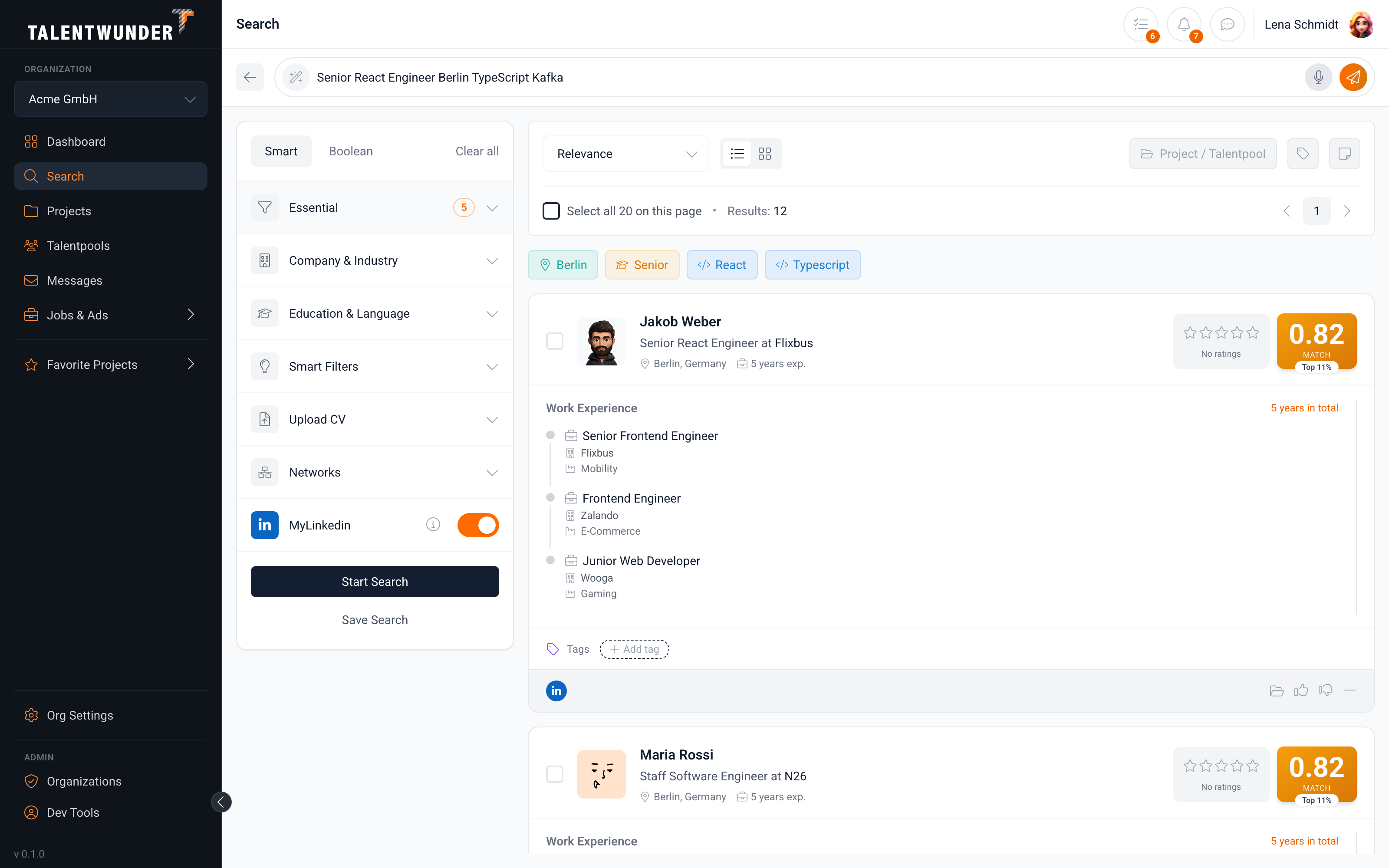 Search results page with the filter column on the left and the full-width candidate list, before any profile is opened.