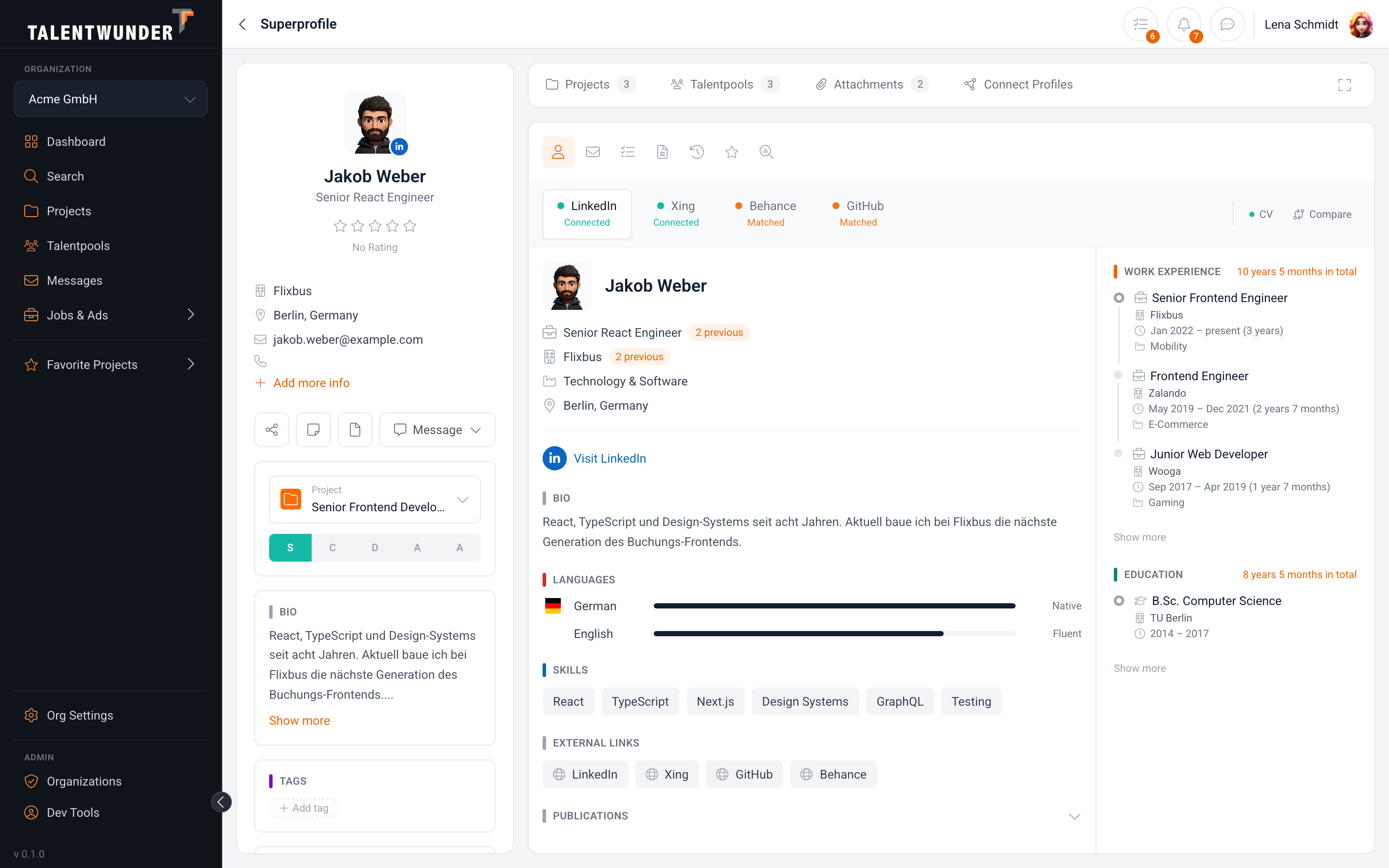 Jakob Weber Super Profile: LinkedIn, XING, Behance, and GitHub as connected sources, work history, languages, and skills.