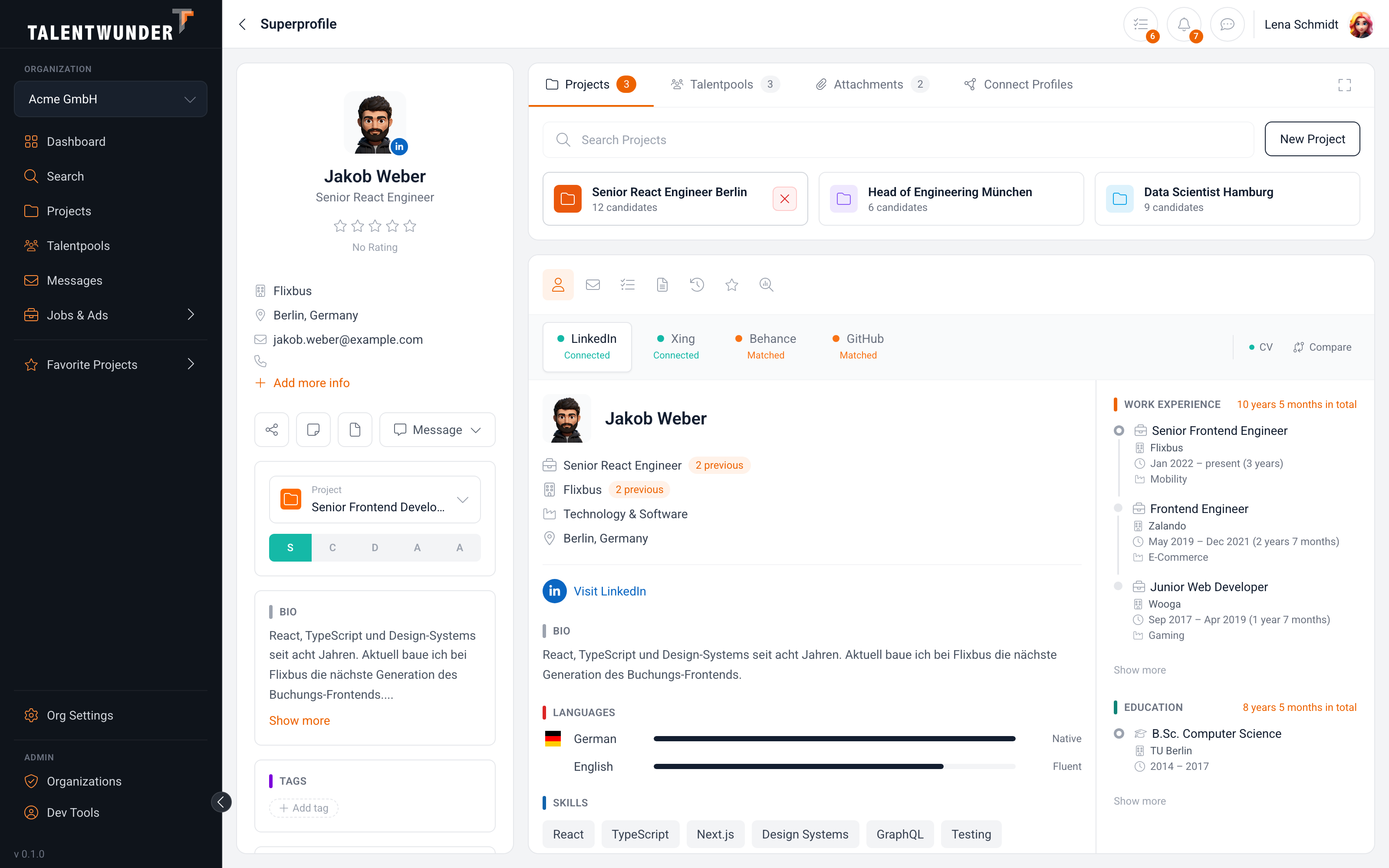 Super Profile with the Projects tab open: Senior React Engineer Berlin is added. The folder icon fills with vivid orange and the action button shows the red remove icon.